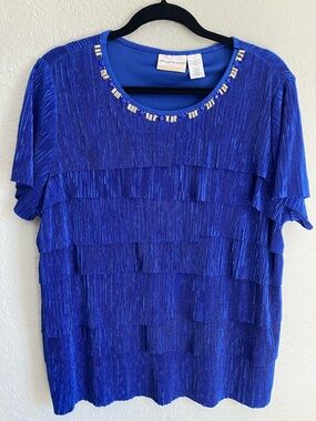 Alfred Dunner Blue Tiered Ruffle Short Sleeve Top with Beaded Neckline